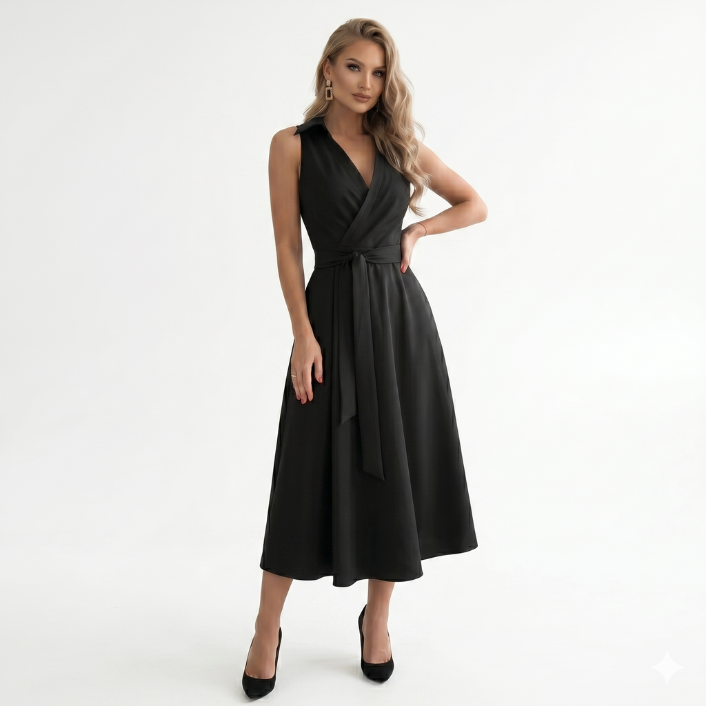 Robe de soirée mi-longue noire satin femme