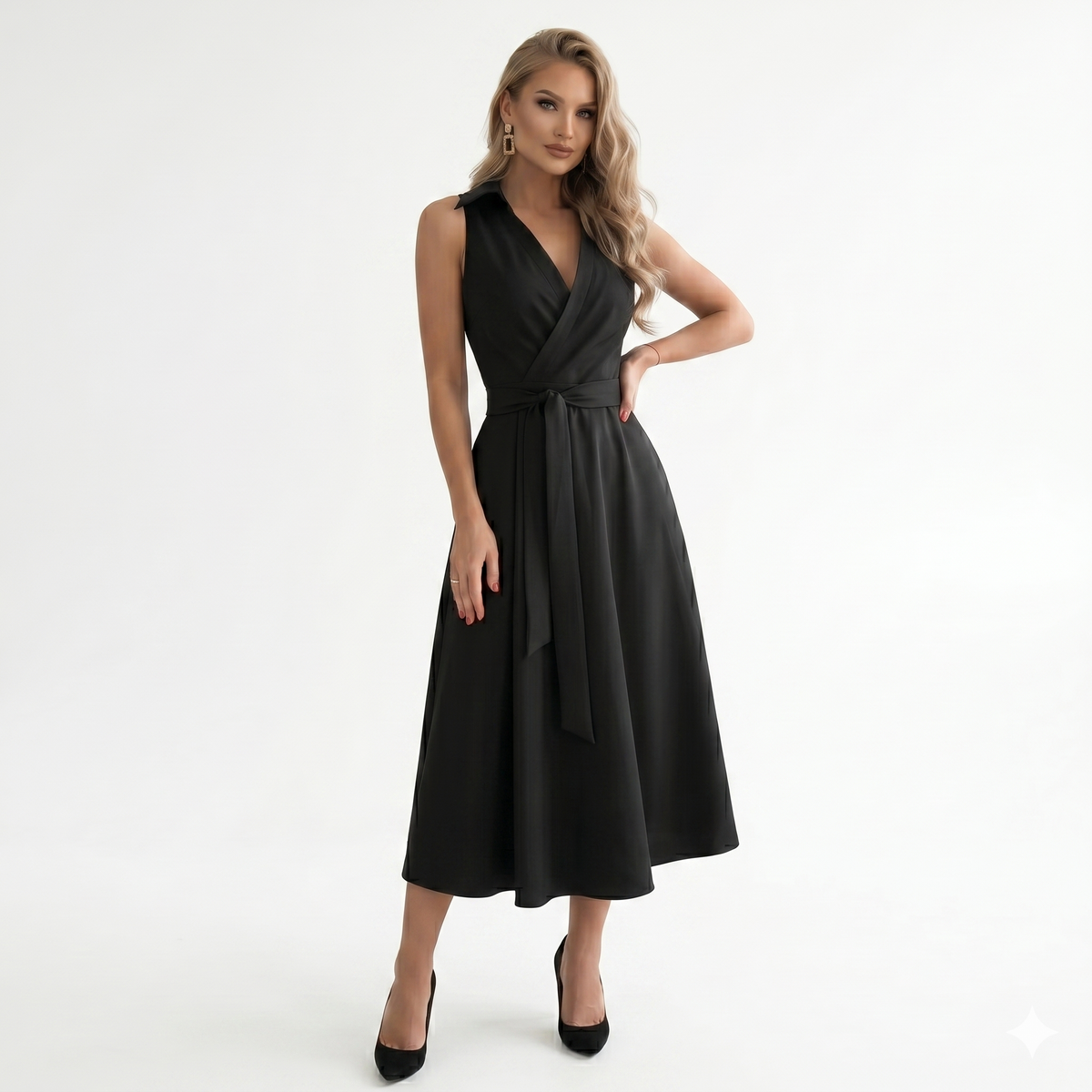 Robe de soirée mi-longue noire satin femme