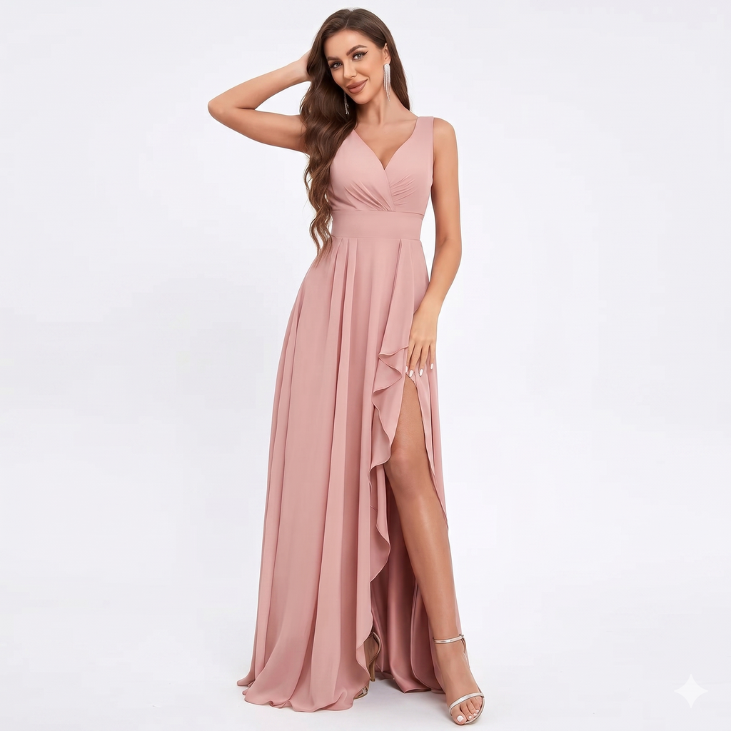 Robe cérémonie longue femme rose poudré