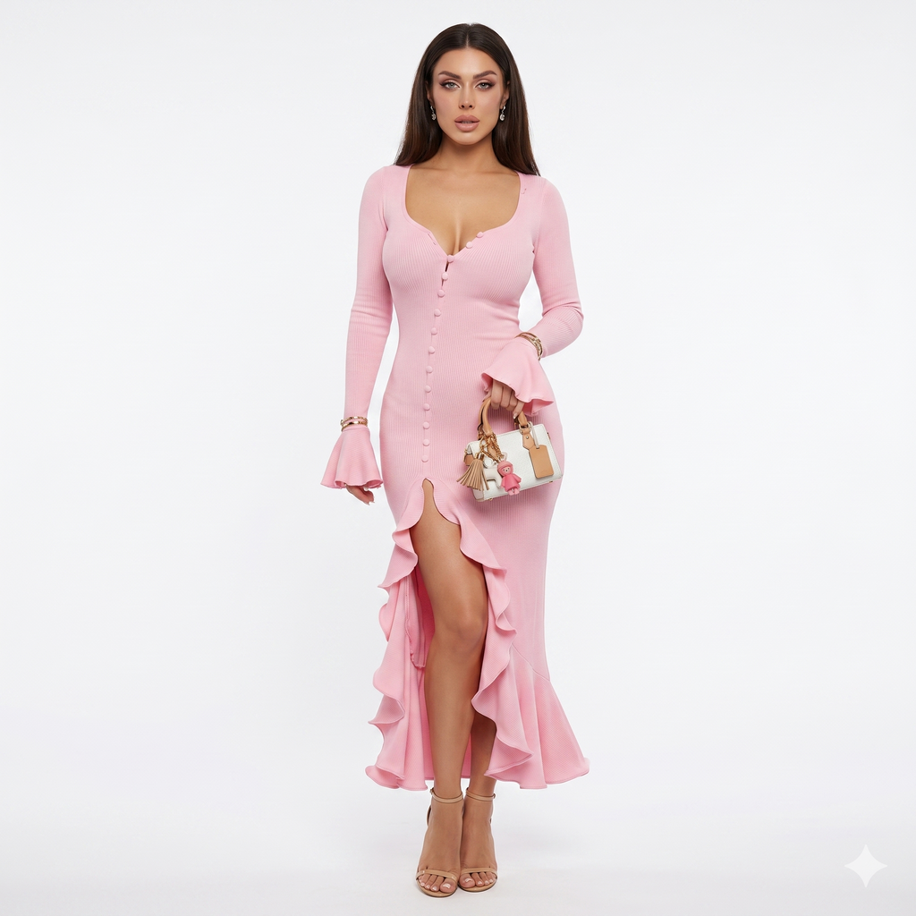 Robe de soirée longue rose poudré femme