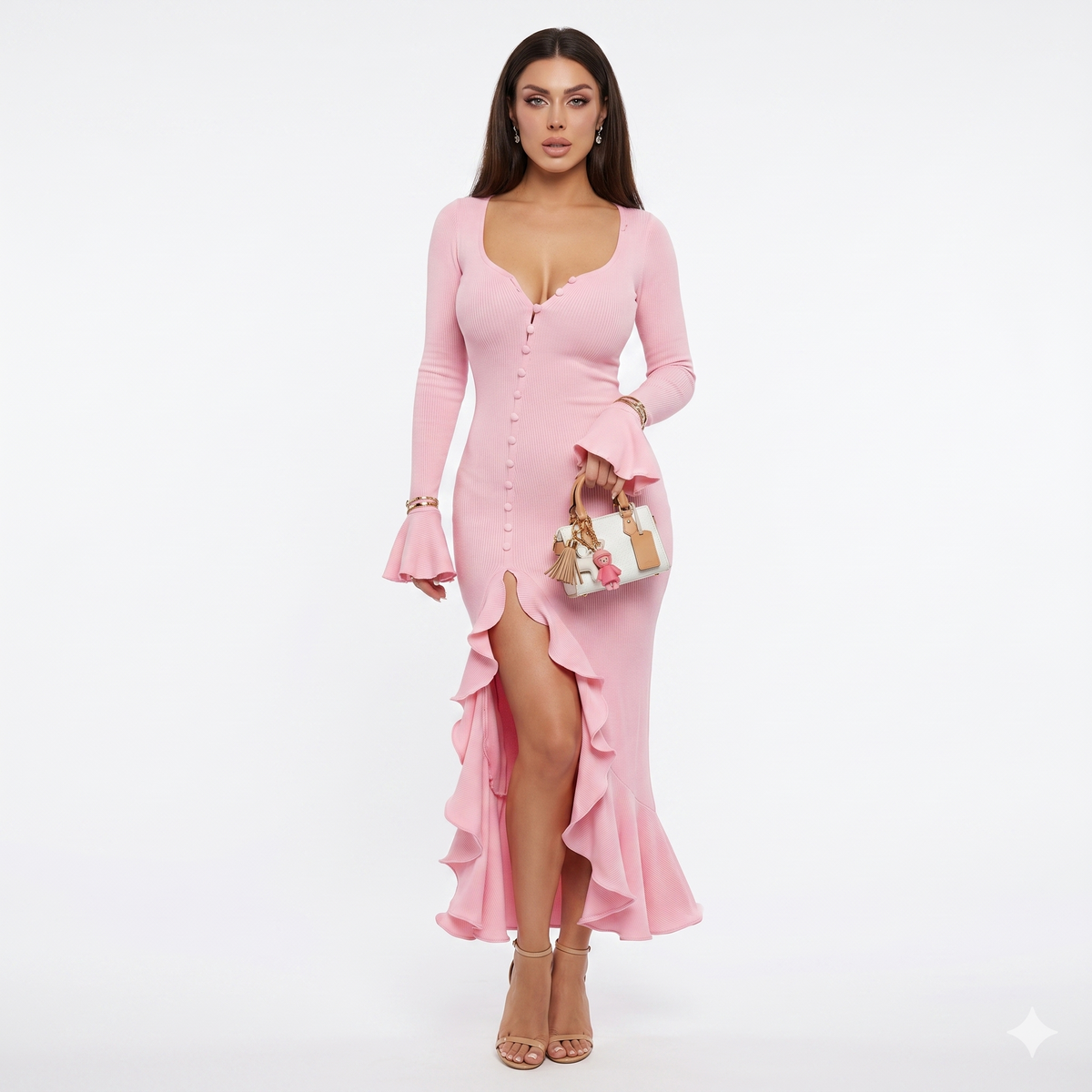 Robe de soirée longue rose poudré femme