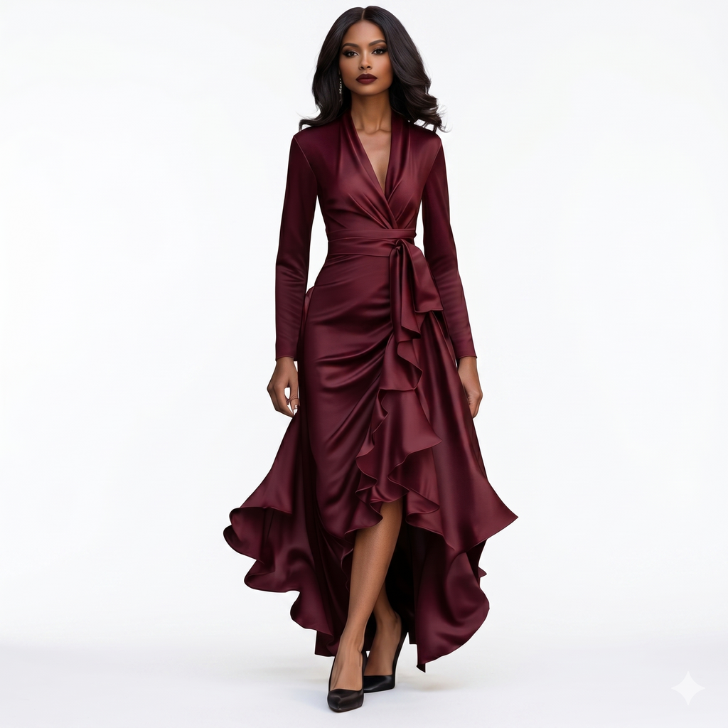 Robe cérémonie longue femme bordeaux manche longue