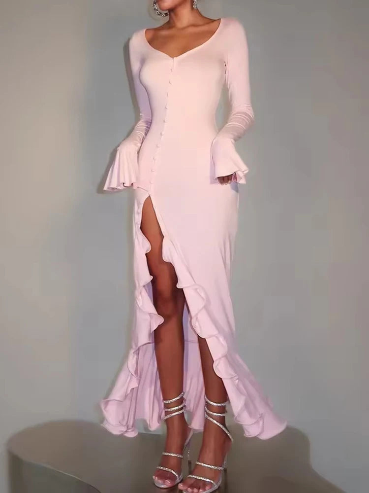 Robe de soirée longue rose poudré femme