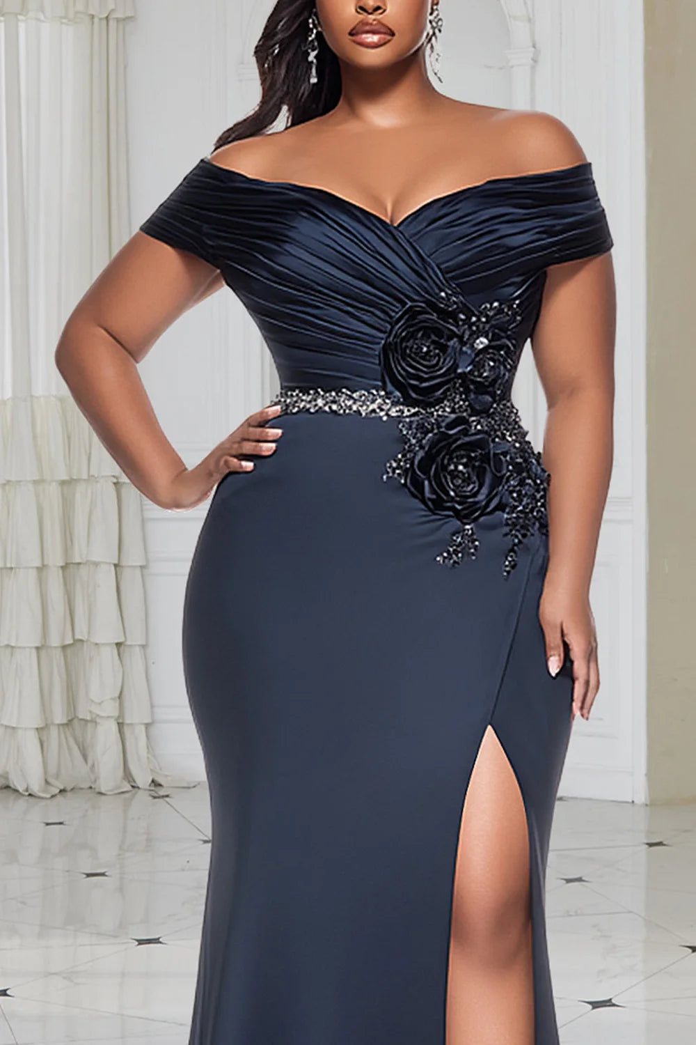Robe cérémonie grande taille longue bleu marine femme