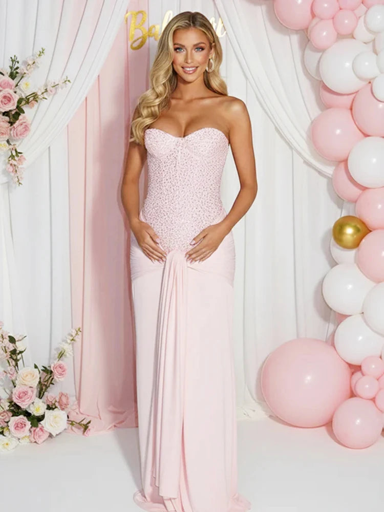Robe cérémonie grossesse longue rose poudré femme