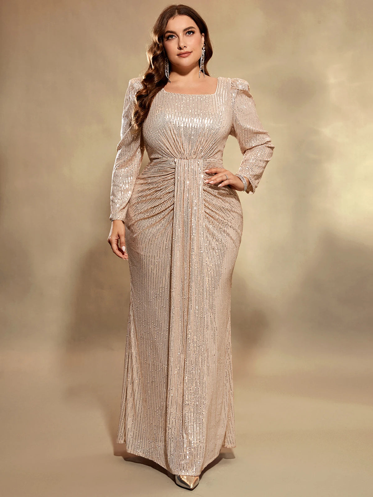 Robe de soirée grande taille longue dorée paillettes