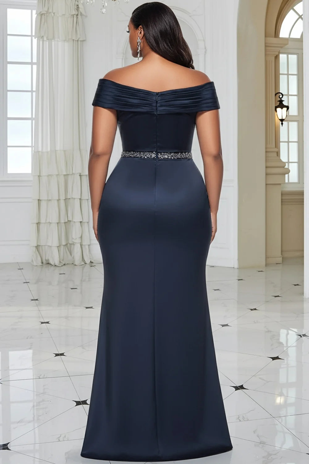 Robe cérémonie grande taille longue bleu marine femme