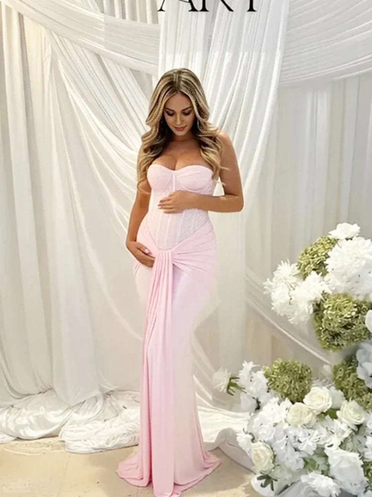 Robe cérémonie grossesse longue rose poudré femme