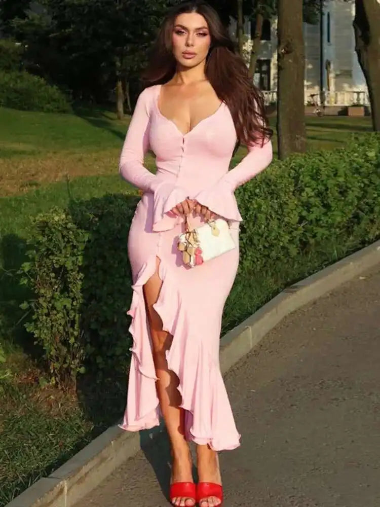 Robe de soirée longue rose poudré femme